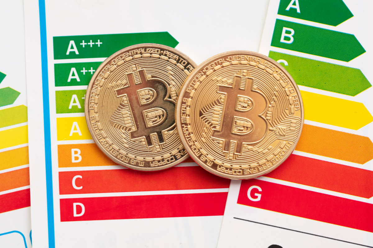 Eco-friendly Crypto Companies - Image of two gold crypto/bitcoins against the energy efficiency rating cards used on energy-saving appliances