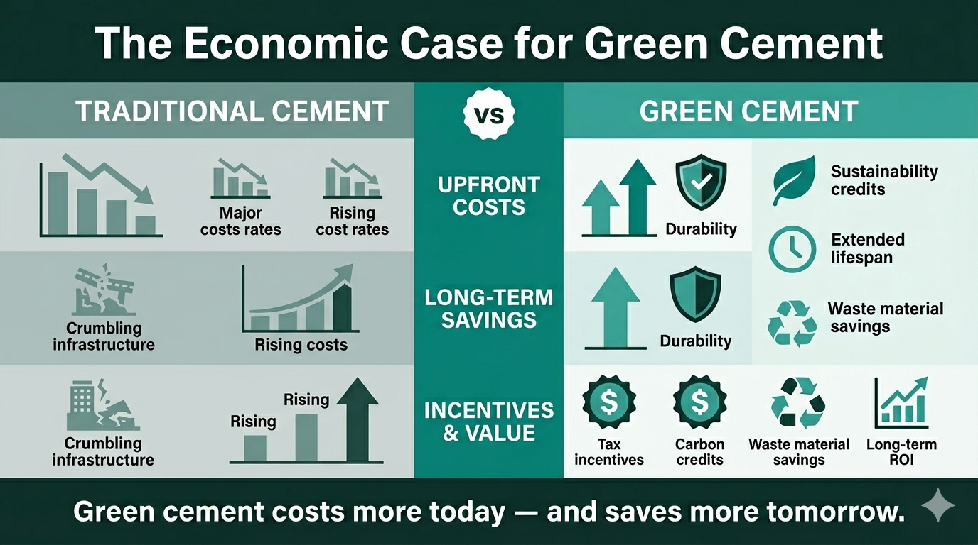 A chart comparing the economic benefits of green cement against traditional cement, illustrating potential savings over time.