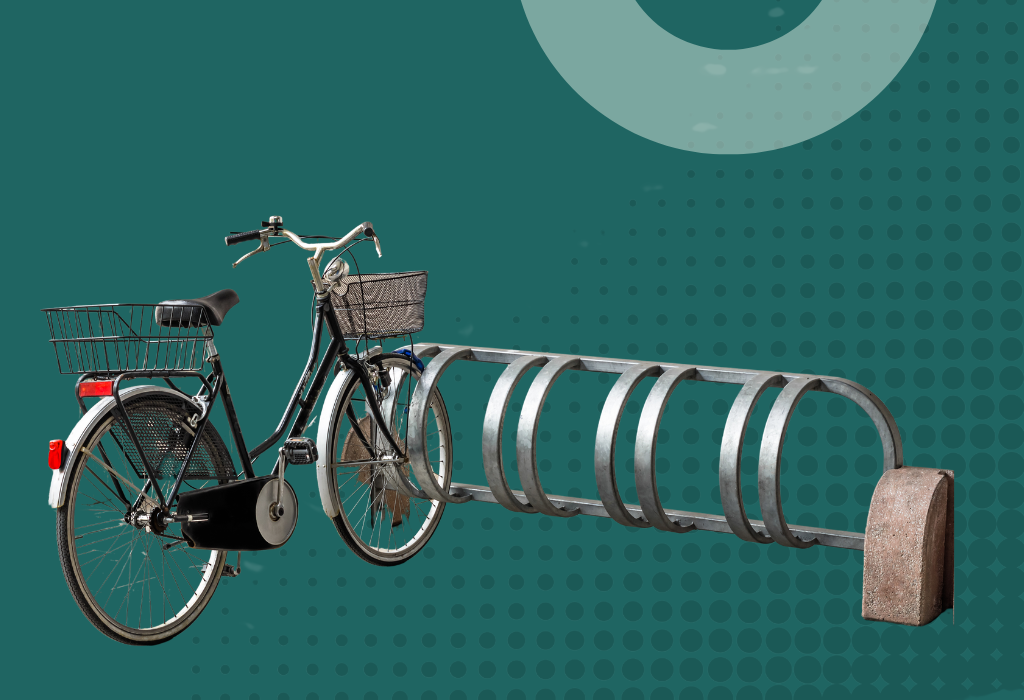 car-free-living feature image bicycle in a city bicycle rack