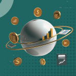 An abstract, 3D-styled graphic titled "Circular Economy Beyond Recycling Climatesort Feature Image," set against a textured teal and dark green background with a dotted pattern. In the center is a large, polished white sphere that appears to be "orbiting" within two golden rings. Various financial and data-oriented icons are floating around the sphere and attached to the rings