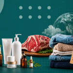 Red meat, skincare products, and folded clothing arranged against a teal background with a globe and sustainability-themed graphic elements.