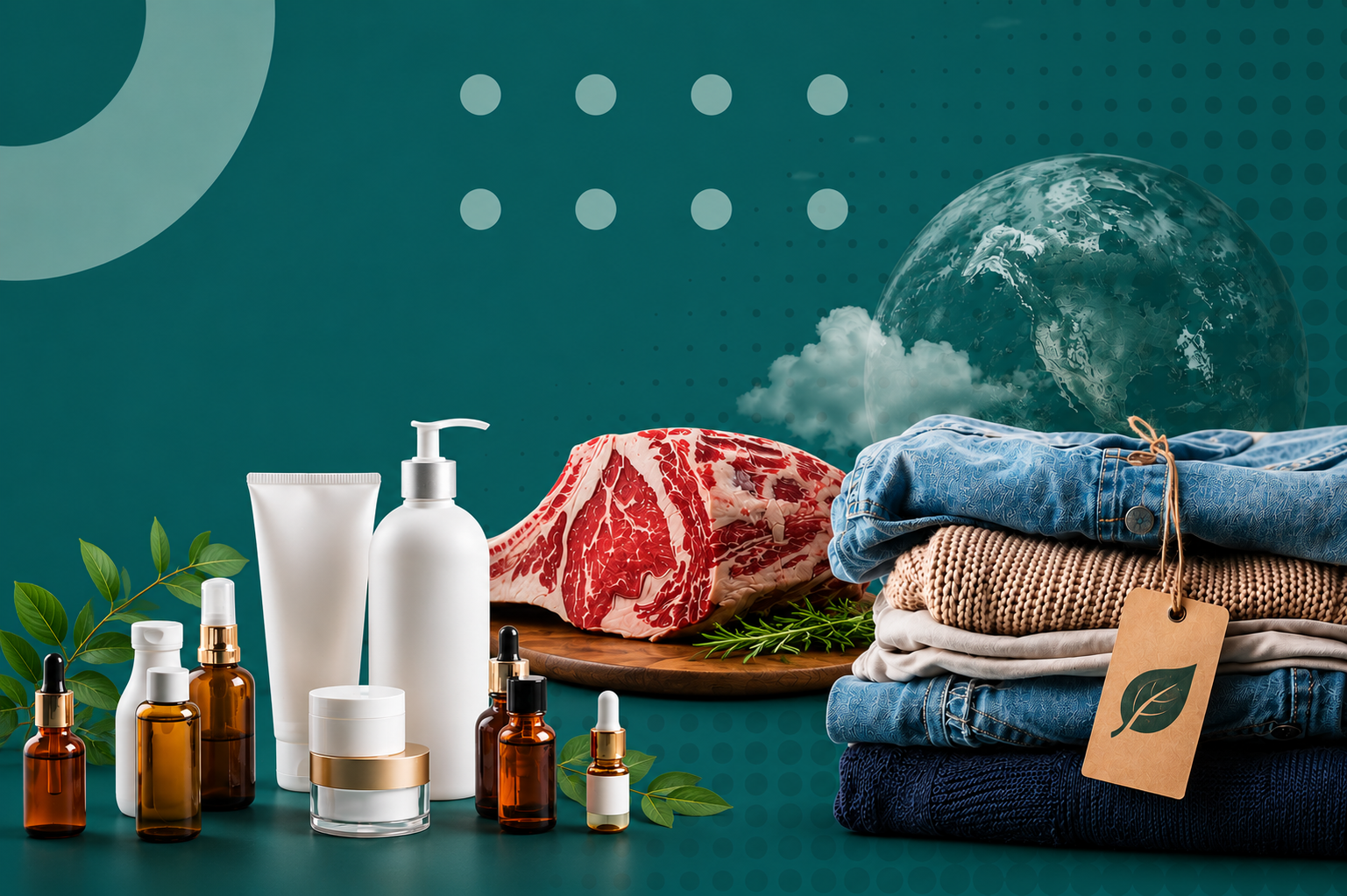 Red meat, skincare products, and folded clothing arranged against a teal background with a globe and sustainability-themed graphic elements.