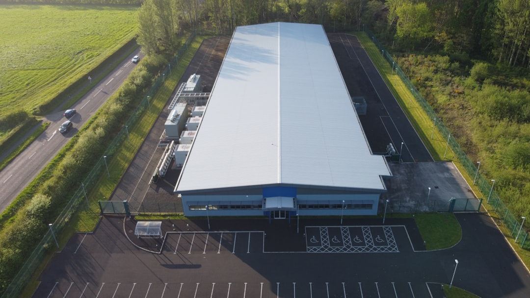 an aerial view of a large warehouse building